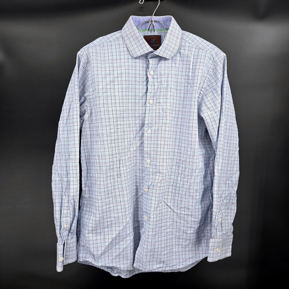 Tattersall London Men's 16‎ 34/35 Cotton Check Dress Shirt Blue White Office